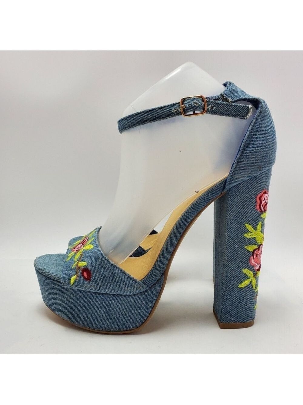 Heart in D Blue Denim Floral Embroidered Platform Heels Sandals Size 8 - Picture 2 of 12